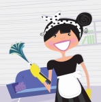 Cartoon graphic of maid with duster